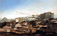 Άποψη της Ακρόπολης της Αθήνας κατά την Οθωμανική περίοδο, όπου απεικονίζονται τα κτήρια που αφαιρέθηκαν την περίοδο της ανεξαρτησίας.