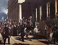 Η νύχτα της 3ης Σεπτεμβρίου 1843 – Πίνακας αγνώστου καλλιτέχνη. Ο Δημήτριος Καλλέργης διακρίνεται πάνω σε άλογο στο κέντρο, ενώ παρατηρούμε επίσης τον βασιλιά Όθωνα με ελληνική φορεσιά και τη βασίλισσα Αμαλία να στέκεται σε παράθυρο του παλατιού – Συλλογή Λ. Ευταξία, Αθήνα