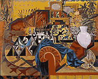 Compositie met Rhytmische Voorwerpen, Nikos Hadjikyriakos-Ghikas, 1935. Olieverfschilderij op hout - N. Hadjikyriakos-Ghikas Gallerij (Benaki Museum)