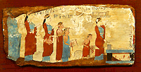 Het Pitsa tablet. Een houten votief tablet met een geschilderde afbeelding van een offerprocessie. Het werd, samen met drie gelijksoortige tabletten, gevonden in een grot in Pitsa, Corinthie. Het zijn uitzonderlijke voorbeelden van miniatuur schilderen, daterend van ca. 540 VC. - Nationaal Archeologisch Museum Athene