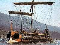 The trireme, a heavily armed ancient warship used by the Athenian navy