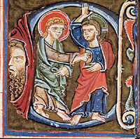Deze hoofdletter uit een Frankisch psalmenboek, stelt Christus voor en de Ongelovige Thomas. Het boek is een rijkelijk versierd manuscript dat bewaard wordt in de bibliotheek van de Kathedraal van Esztergom, Hongarije (1209)