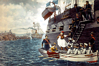 Изгнание короля Отто и кородевы Амалии в 1862 г. Литография. Они покинули страну так же, как и прибыли сюда, на британском корабле — Национальный Исторический музей Афин