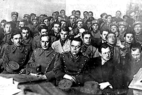 Athens, 18 March 1935. A photo from the first trial of the army officers who had participated in the coup at the Court-Martial of Athens. In the first row from the right: Chr. Tsigantes, É. Stephanakos, Chr. Triantafyllidis and É. Tsigantes. The trial lasted 13 days - Photographic Archive of the Hellenic Literary and Historical Archive in Athens