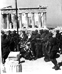 German pantzer soldiers about the raise the Nazi swastika on the Acropolis