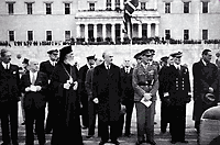 George Papandreou, regent Archbishop Damaskinos, and British general Reginald Scobie during the celebrations for Liberation at the Tomb of the Unknown Soldier at Syntagma Square - Arms History Directorate, Athens