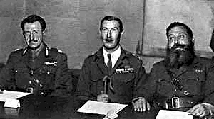 12 February 1945: signing of the Varkiza peace agreement. From left to right: St. Sarafis, military leader of ELAS, R. Scobey, commander of the British forces in Athens and N. Zervas, military leader of EDES - The Hellenic Literary and Historical Archive, Athens