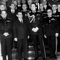 King Constantine II surrounded by the junta Government at the swearing-in Ceremony of the Dictators. Left to right: Colonel Papadoupoulos, Constantine Kollias, King Constantine II, General Zoitakis