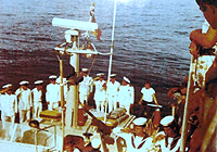 Commander Pappas disembarking from the Velos D16 to an Italian coast guard vessel to continue action against the dictatorship in Greece