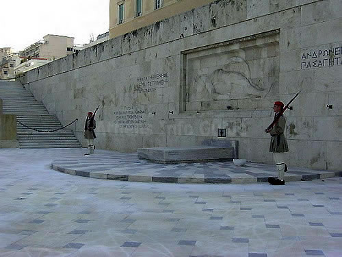 Evzones guarding the Tomb of the Unknown Soldier in from of the Parliament on Syntagma Square