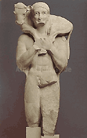 One of the oldest and most impressive votive offerings on the Acropolis and one of the few depicting a man, is the Moschophoros (calf-bearer), a statue made ca. 570 BC of Hymittos marble by an unknown sculptor. An inscription on the base bears the name of Rhombos, the patron who offered it - Acropolis Museum
