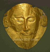 Golden dead mask known as Schliemann’s Agamemmnon, found in grave 5 of grave circle A in Mycenae. It is dated to the second half of the 16th century BC. – National Archaeological Museum Athens